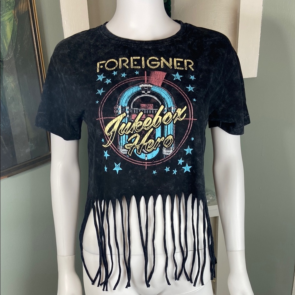 NWOT Foreigner Jukebox Hero Black Fringe T Shirt Tee Ripple Junction Small S